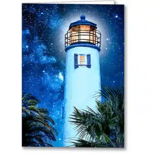 Florida greeting card featuring the St George Island Lighthouse at night with palm tree silhouettes