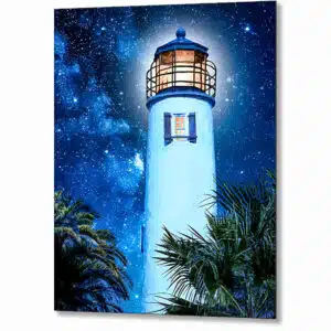 Florida metal print featuring the St George Island Lighthouse at night with palm tree silhouettes