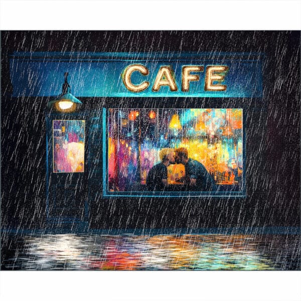 Romantic Gay couple Kissing Art Print - on a rainy city night through a Cafe window