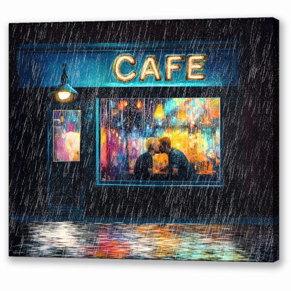 Romantic Gay couple Kissing canvas Print - on a rainy city night through a Cafe window