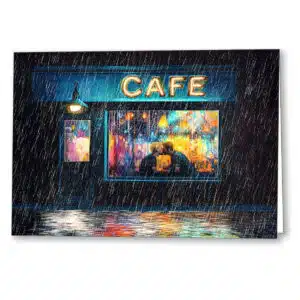 Romantic Gay couple Kissing Greeting Card - on a rainy city night through a Cafe window