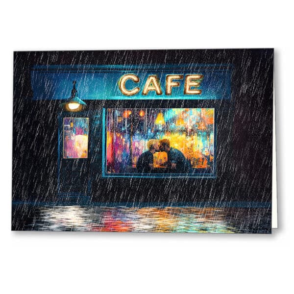 Romantic Gay couple Kissing Greeting Card - on a rainy city night through a Cafe window