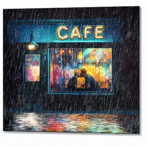 Romantic Gay couple Kissing Metal Print - on a rainy city night through a Cafe window