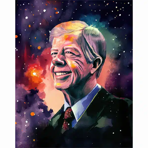 Colorful Jimmy Carter Art Print featuring a portrait of the 39th US President of the United States against a celestial backdrop