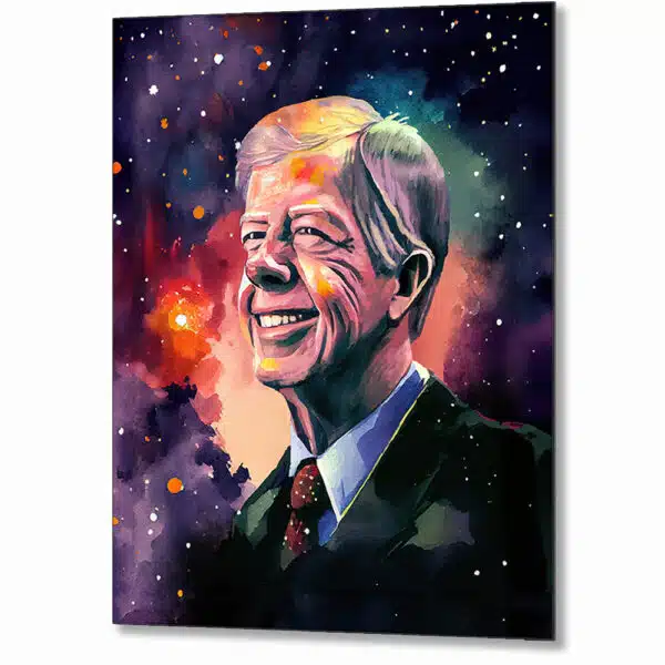 Colorful Jimmy Carter Metal Print featuring the beloved 39th US President against a celestial background