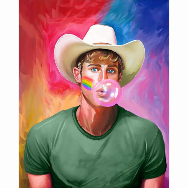 Bold gay cowboy art print featuring a pop art inspired pride-themed design