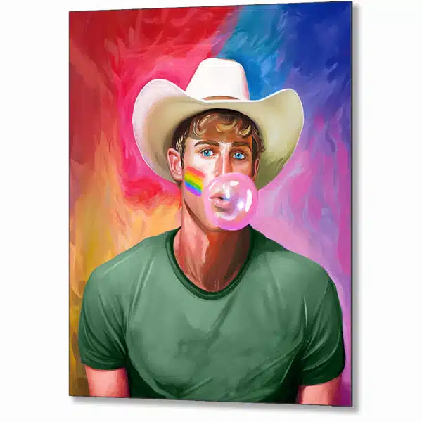 Vibrant Gay Cowboy metal print with contemporary pop art style in Pride Colors