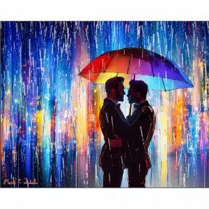 Hugging gay Couple art print shows two men in the rain under an embrace against a colorful abstract cityscape