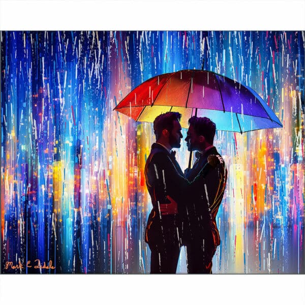 Hugging gay Couple art print shows two men in the rain under an embrace against a colorful abstract cityscape