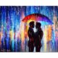 Hugging gay Couple art print shows two men in the rain under an embrace against a colorful abstract cityscape