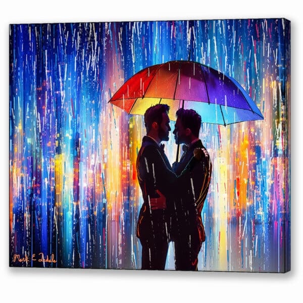 Hugging gay Couple canvas print shows two men in the rain under an embrace against a colorful abstract cityscape