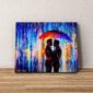 Gay Couple Canvas print shown in situ - artwork on the print it shows a gay couple hugging in the rain beneath an umbrella