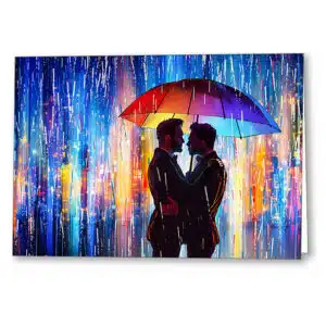 Hugging gay Couple greeting card shows two men in the rain under an embrace against a colorful abstract cityscape