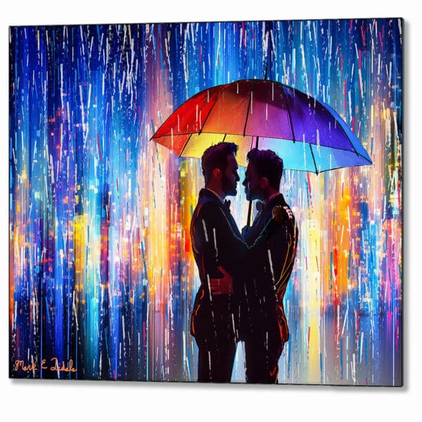 Hugging gay Couple metal print shows two men in the rain under an embrace against a colorful abstract cityscape