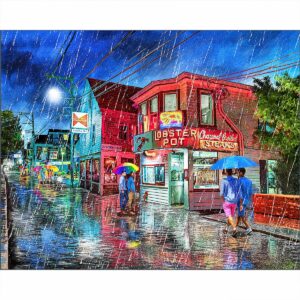 Provincetown Art Print featuring a rainy night view of Commercial Street from outside the Lobster Pot