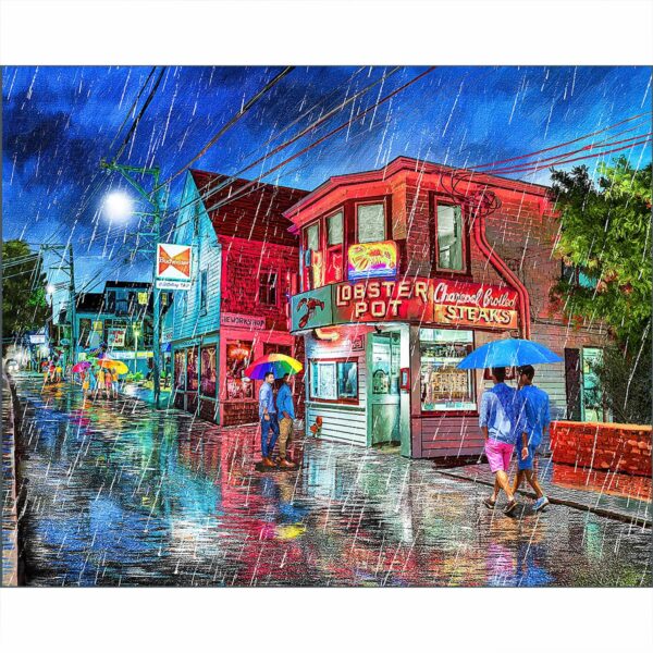 Provincetown Art Print featuring a rainy night view of Commercial Street from outside the Lobster Pot