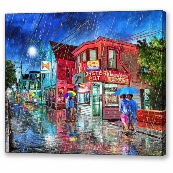 Provincetown Canvas Print featuring a rainy night view of Commercial Street from outside the Lobster Pot