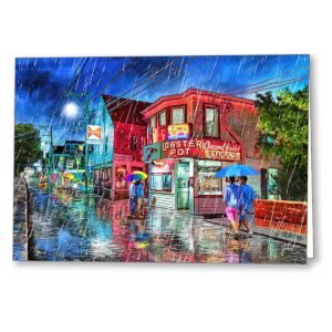 Provincetown greeting card printed with artwork showing a rainy night view of Commercial Street from outside the Lobster Pot
