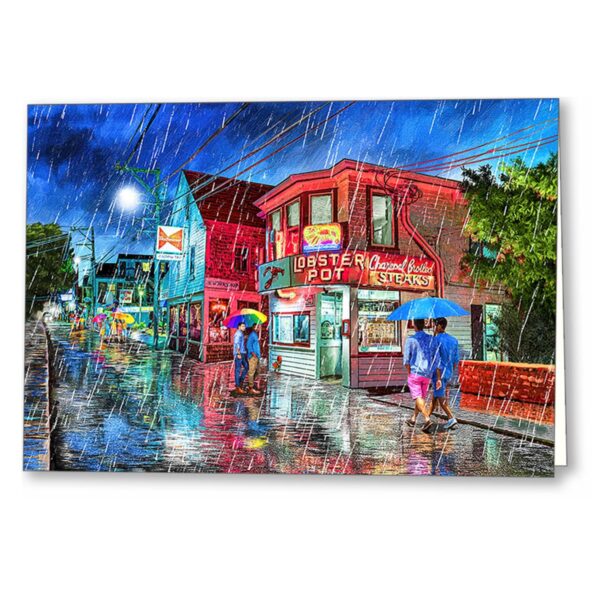 Provincetown greeting card printed with artwork showing a rainy night view of Commercial Street from outside the Lobster Pot