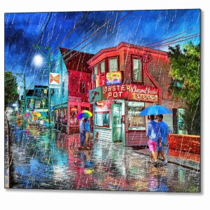 Provincetown Metal Print featuring a rainy night view of Commercial Street from outside the Lobster Pot
