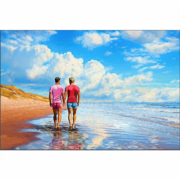Men Holding Hands Art Print that depicts a gay couple in love walking on a sandy beach by the ocean together