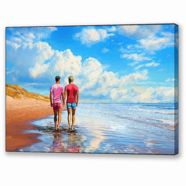 Men Holding Hands Canvas Print that depicts a gay couple in love walking on a sandy beach by the ocean together