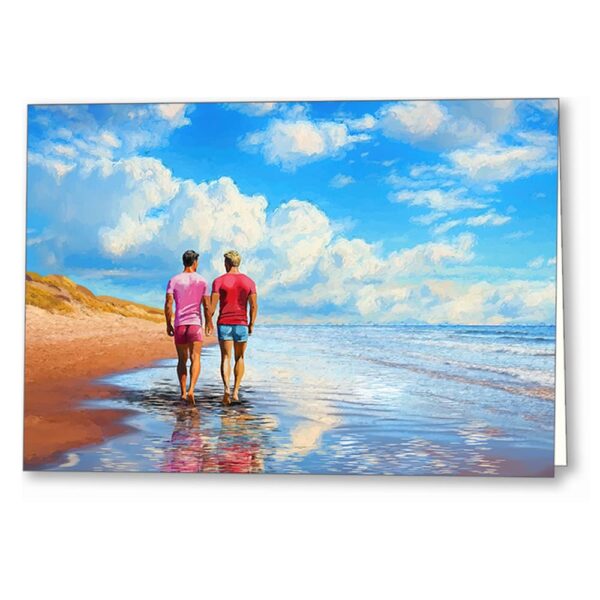 Men Holding Hands Greeting Card that depicts a gay couple in love walking on a sandy beach by the ocean together