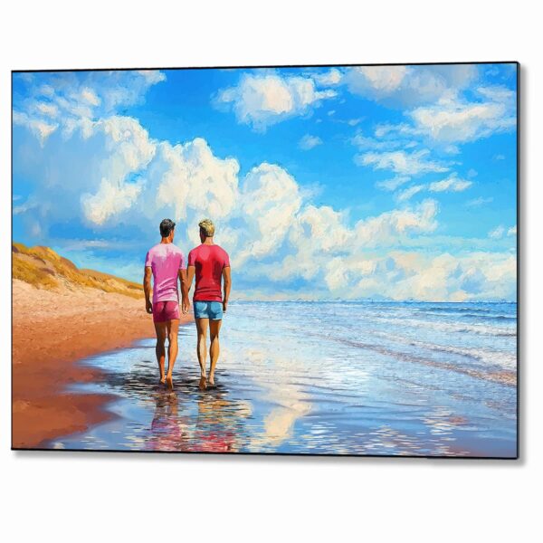 Men Holding Hands Metal Print that depicts a gay couple in love walking on a sandy beach by the ocean together