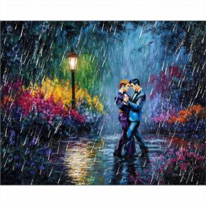 Men Dancing Together Art Print showing two men dancing together in the rain surrounded by a floral garden scene