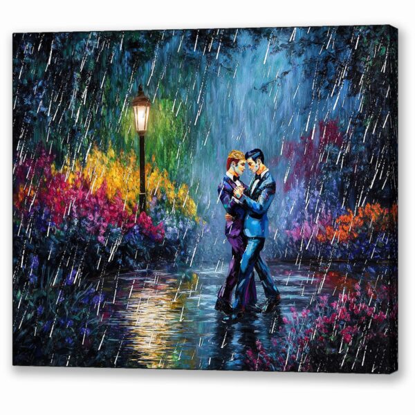 Men Dancing Together Canvas Print showing two men dancing together in the rain surrounded by a floral garden scene