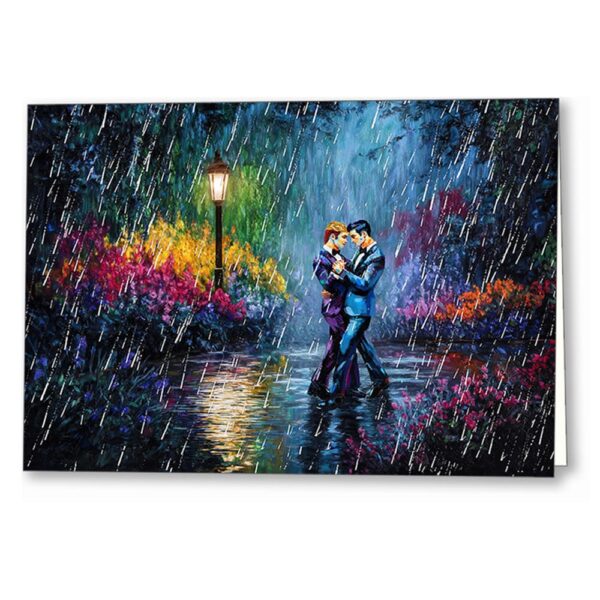 Men Dancing Together Greeting Card showing two men dancing together in the rain surrounded by a floral garden scene