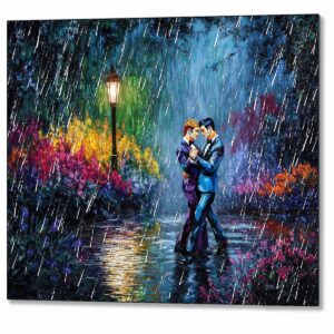 Men Dancing Together Metal Print showing two men dancing together in the rain surrounded by a floral garden scene