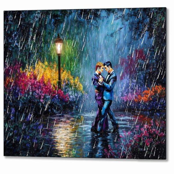 Men Dancing Together Metal Print showing two men dancing together in the rain surrounded by a floral garden scene