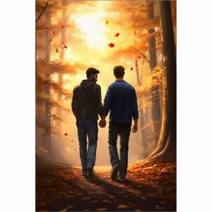 Gay couple holding hands art print showing a romantic scene with two men walking hand in hand surrounded by golden fall colors and falling leaves magical and warm silhouette drawing