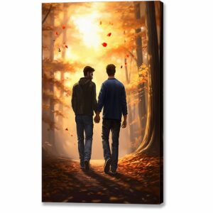 Gay couple holding hands canvas print showing a romantic scene with two men walking hand in hand surrounded by golden fall colors and falling leaves magical and warm silhouette drawing