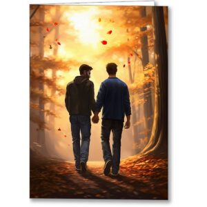 Gay couple holding hands greeting card with art depicting a romantic scene with two men walking hand in hand surrounded by golden fall colors and falling leaves magical and warm silhouette drawing