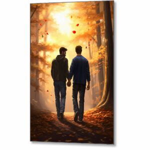 Gay couple holding hands metal print showing a romantic scene with two men walking hand in hand surrounded by golden fall colors and falling leaves magical and warm silhouette drawing
