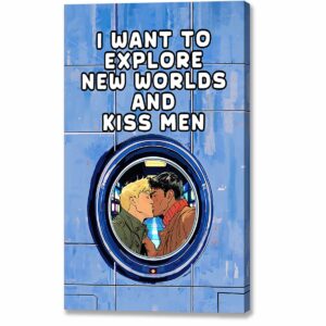Fun Gay sci-fi Canvas print that features a starship kiss and the phrase "I want to explore new worlds and kiss men" - great for gay male sci-fi fans