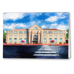Historic Macon Georgia greeting card featuring artwork depicting a sunny daytime view of the beau arts architecture of Terminal Station on Cherry Street in downtown